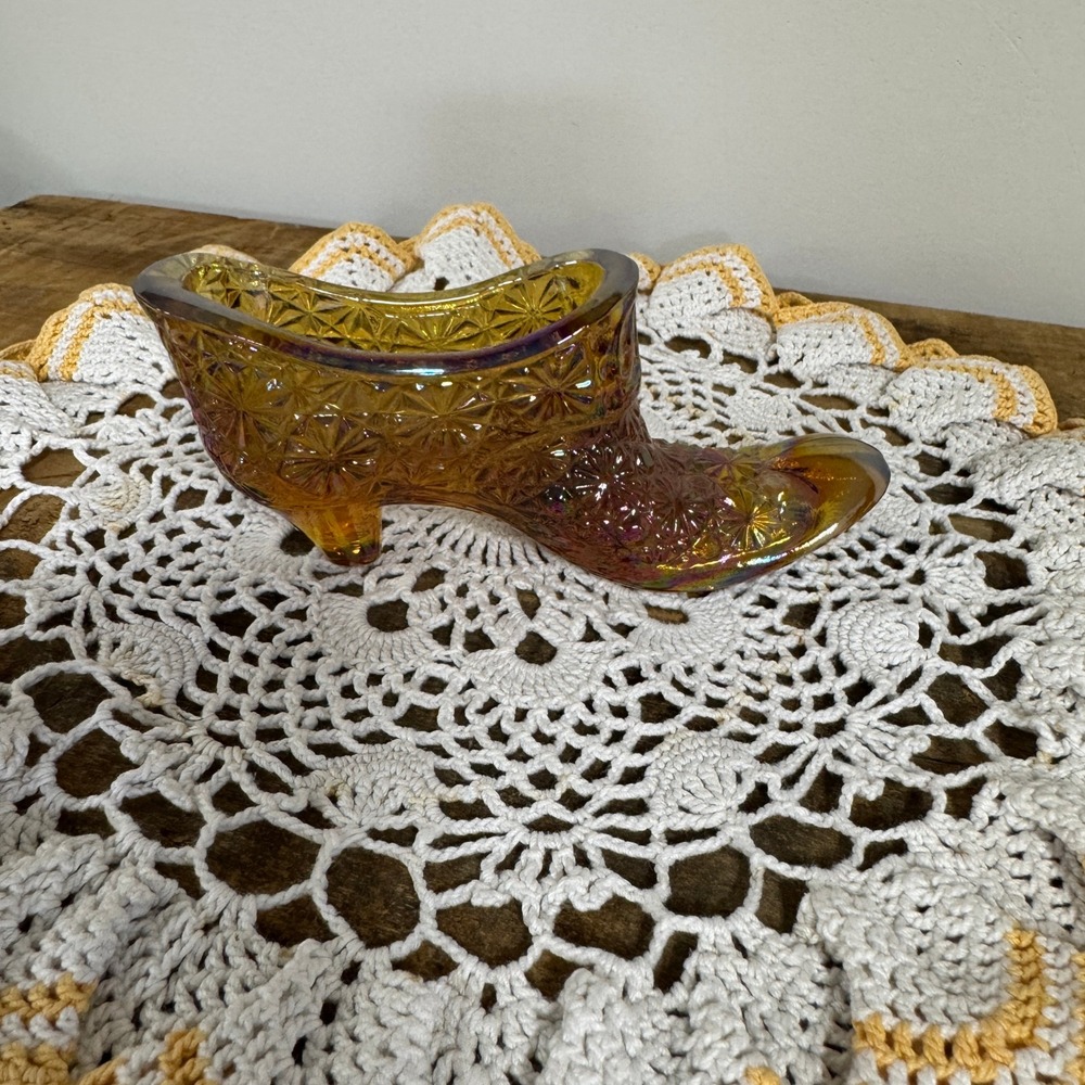 Vintage Amber Carnival Glass Slipper Daisy and Button Iridescent Boot Figurine